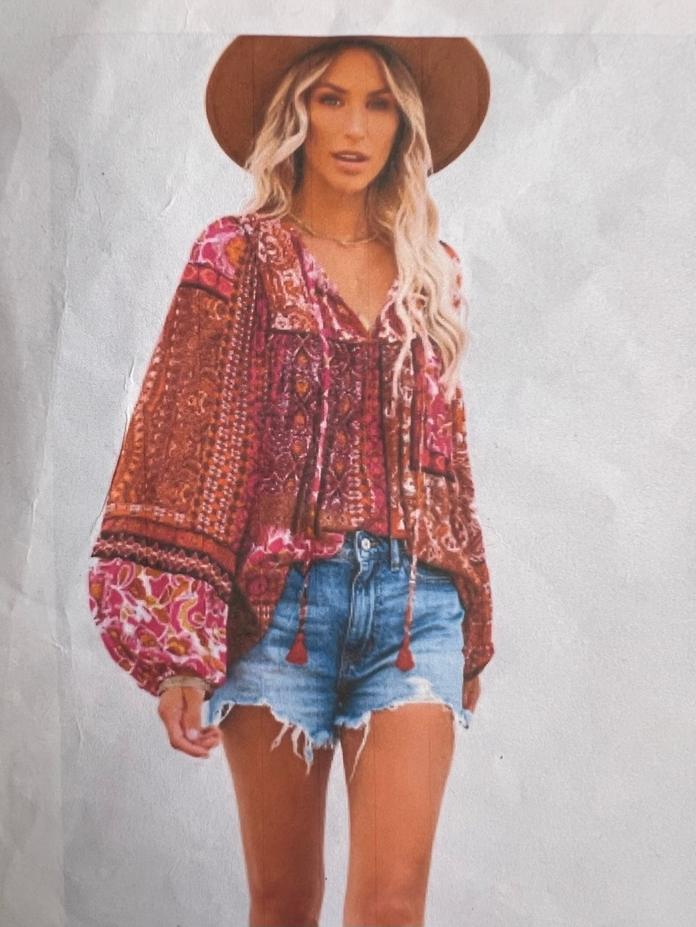 Boho Floral Patchwork Peasant Blouse - Rust Pink